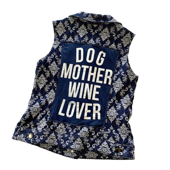 Via Penny Lane Reworked Apparel | Dog Mother Wine Lover Brocade Denim Vest M - Picture 9 of 9